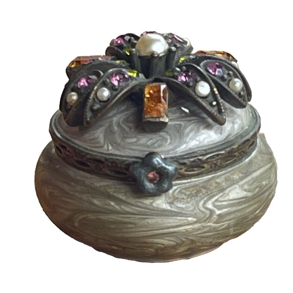 Jeweled Enamel Trinket Box Jay Strongwater Style Floral Tiny Hinged Pill Box